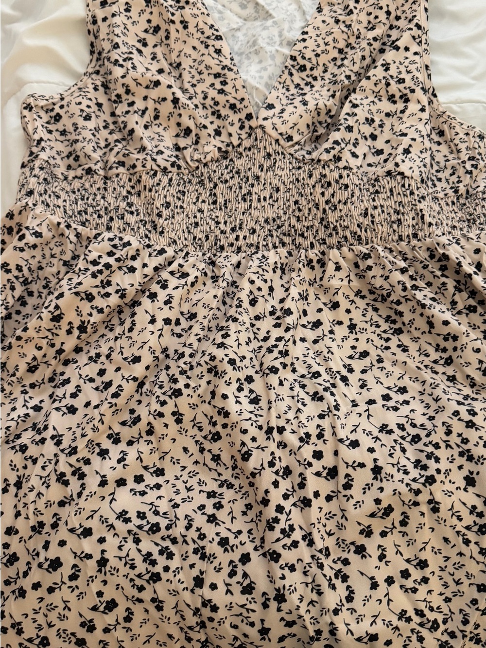 Beige Floral Smocked Waist Dress with Black Print